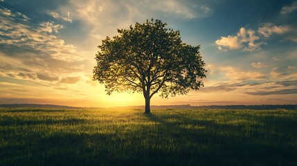 Fototapeta premium Lone Tree Silhouetted Against Sunset Sky in a Green Field
