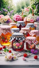 Viele h&uuml;bsche Gl&auml;ser mit selbstgemachter Marmelade auf einem Tisch im Garten