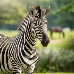 Naklejka premium Isolated zebra with depth of field highlighting unique stripes and majestic stature