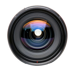 Professional camera lens is showing optical glass while isolated on a white background