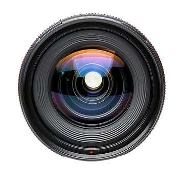 Professional camera lens is showing optical glass while isolated on a white background