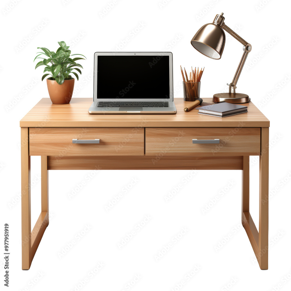 Wall mural wooden desk with a laptop, desk lamp, and stationery.