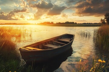 Fototapeta premium Rowboat on a lake at sunset with golden light reflecting on the water. Calm, tranquil scene of nature.