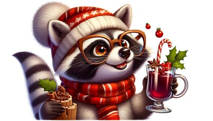 Watercolor illustration of a cute raccoon enjoying a mug of mulled wine in an winter scene 