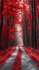 Fototapeta premium Serene road lined with red maple trees in autumn