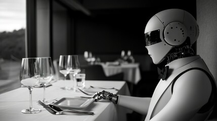 A humanoid robot dressed in a tuxedo sits at a table set for dinner, holding a fork and knife.