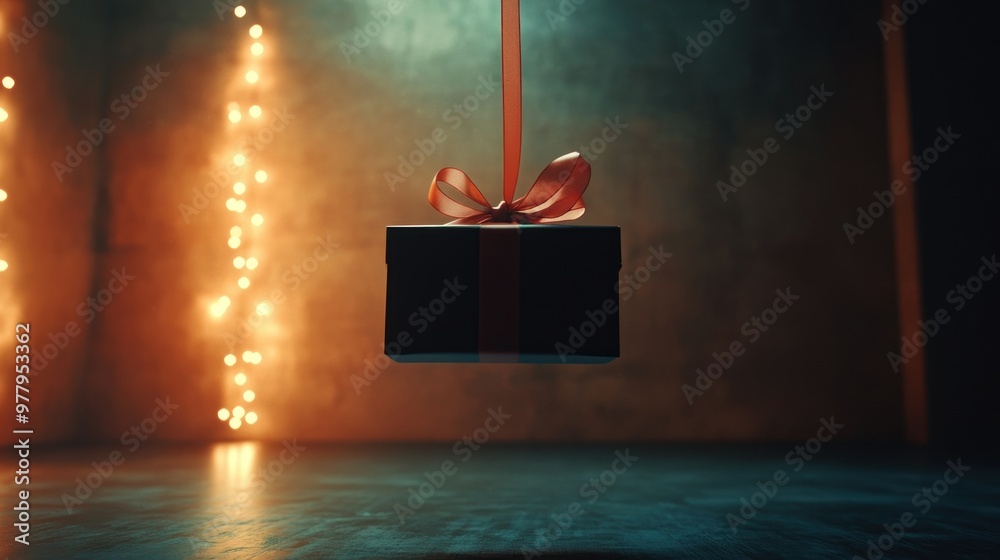 Wall mural A Suspended Gift Box with Red Ribbon and String Lights