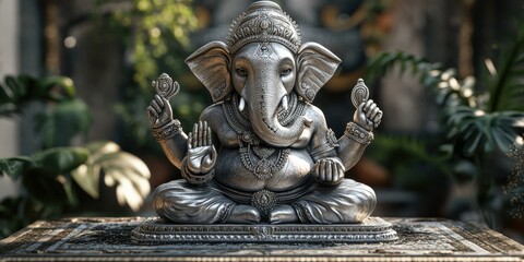 Detailed silver Ganesh idol with intricate craftsmanship on gray background