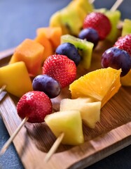 Juicy fruit skewers with depth of field showcasing a variety of fresh fruits and vibrant colors