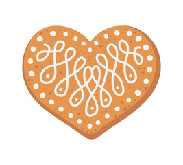Gingerbread Heart shaped Cookie with decorative sweet glaze and icing. Vector flat illustration design isolated on white background. Traditional Christmas holiday cookies.. Homemade ginger baking