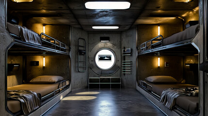 Interior of a modern bomb shelter, featuring a rugged yet sleek design.