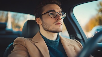 A young man wearing glasses looks out the window while driving a car