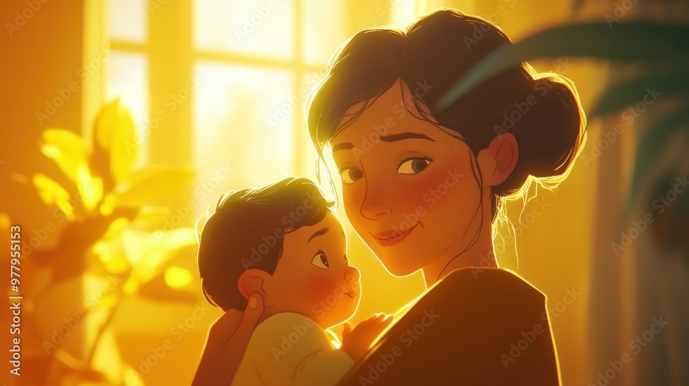 Poster A Mother's Loving Gaze Upon Her Baby in the Warm Glow of Sunlight