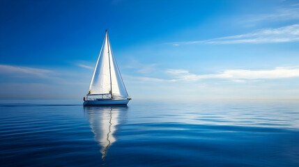 Obraz premium Minimalist sailboat in the distance on calm waters with endless horizon and soft light 