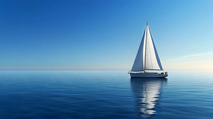Minimalist sailboat in the distance on calm waters with endless horizon and soft light


