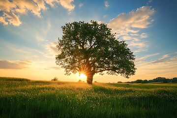 Fototapeta premium Silhouette of a Tree at Sunset in a Field