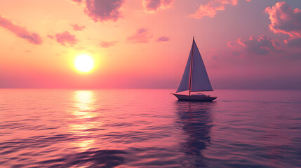 Fototapeta premium Solitary sailboat on a wide ocean expanse with a glowing pink sunset and smooth seas