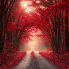 Serene road lined with red maple trees in autumn