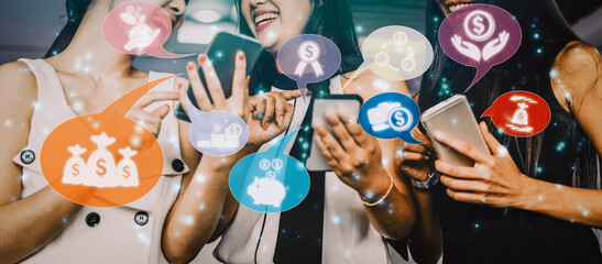 Finance and Money Transaction Technology Concept. Icon Graphic interface showing fintech trade exchange, profit statistics analysis and market analyst service in modern computer application. uds