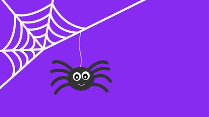 A cute black spider hanging from a white web in the corner on a bright purple background