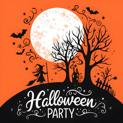Cartoon Halloween Poster with Pumpkins, Twisted Tree, and Full Moon
