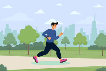 A man jogs in a park surrounded by trees with a city skyline in the background during the day