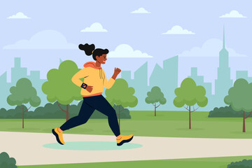 Woman jogging in a city park surrounded by trees and skyline on a sunny day