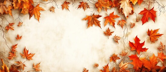 A frame of vibrant autumn leaves, predominantly maple, on a textured, parchment-like background with subtle vines. Ideal for fall-themed designs and invitations