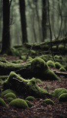 Obraz premium A serene forest scene with moss-covered ground and tree roots, enveloped in a misty atmosphere.