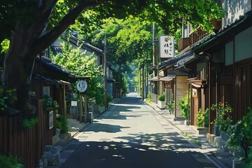 Quiet street with traditional Japanese houses and lush greenery, perfect for a peaceful escape.