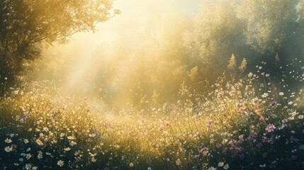 Sunlit Wildflowers in a Misty Forest Clearing