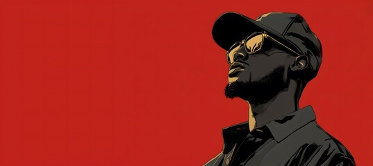 Vector illustration style. Silhouette of a young man wearing a cap and sunglasses. Urban style. Hip hop rap dj party flyer or background banner with copy space.