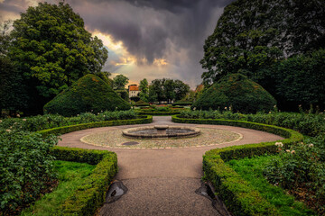 Beautiful summer English garden at sunset	