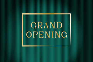 Closed green theater or cinema curtain with inscription and spotlight circle. Realistic vector background. A broadway show or movie grand opening. Background of velvet fabric on stage with light.