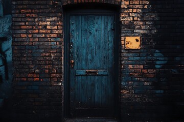 Old Blue Door in Brick Wall, Mysterious Entrance Concept