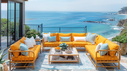 Fototapeta premium Modern summer outdoor terrace with bright designer furniture view of ocean and sea. Concept luxury