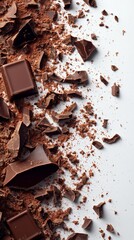 Fototapeta premium Abstract background featuring scattered chocolate flakes and pieces on a white surface