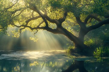 Fototapeta premium Sunbeams through branches of a tree over a misty lake in a forest