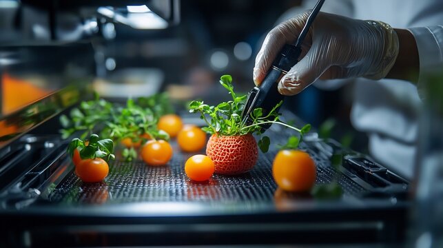 A futuristic food service environment professional chefs utilize advanced cooking technologies like 3D food printing and smart ovens crafting intricate dishes with precision and creativity