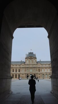 Vertical footage of a woman with blue hair stands in front of a large building with a flag on top. The building is old and has a lot of windows.