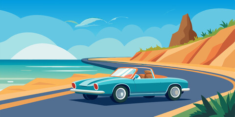 A vintage convertible car driving along a scenic coastal road with a beautiful blue sky and ocean view, perfect for travel, vacation, and road trip themed designs.