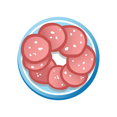 Sliced ​​sausage on a blue and white plate. Vector color icon isolated on white background. Plate with snacks for wine or beer
