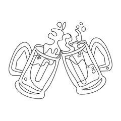 Clinking Beer Mugs vector stroke icon. Isolated two frosty mugs of beer with frothy heads being clinked together. Illustration on a white background