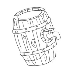 Black and white icon of a wooden keg with alcohol on a white background. Barrel with beer, wine, rum. Cask from oak wood with metal rings, keg bottle alcohol storage. Oktoberfest