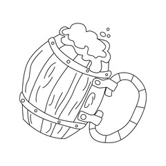 Wooden beer mug outline icon on white background. German Oktoberfest alcohol drink. Vector cider beverage with foam. Light or dark ale in lager, brewery product