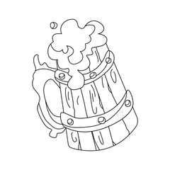 Wooden beer mug outline icon on white background. German Oktoberfest alcohol drink. Vector cider beverage with foam. Light or dark ale in lager, brewery product