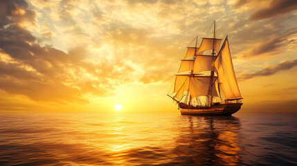 Obraz premium Tall ship with full sails gliding through calm seas at sunset with golden light