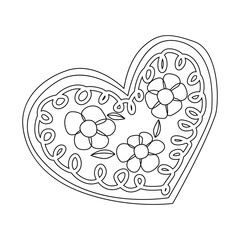 Stroke icon of a traditional gingerbread in the form of a heart with flowers. Vector illustration on a white background. Oktoberfest