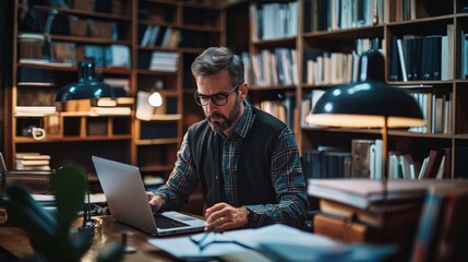 Man working on a laptop in a cozy home library
