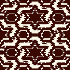 Oriental ancient mosaic seamless pattern. Arabesque ornament. Repeated geometric figures, hexagon, star motif surface print. Ornamental wallpaper. Geo design digital paper. Vector abstract background